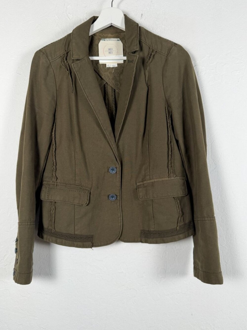 Hei Hei Anthropologie Olive Deconstructed Raw Edge Blazer Jacket Utility Size 4